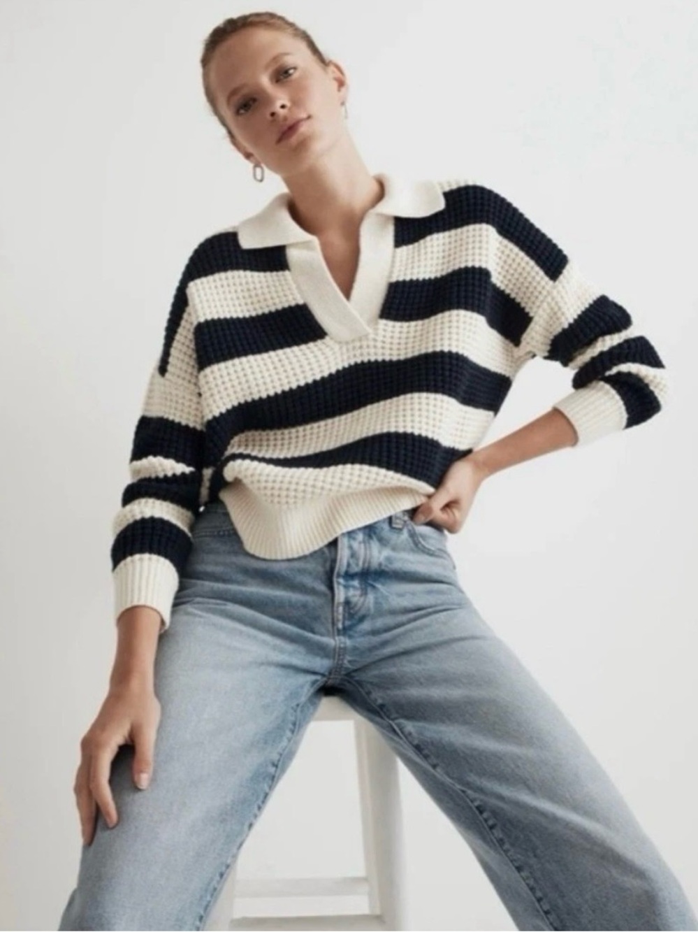NWOT Madewell V-Neck Waffle-Knit Henley Sweater in Black & Antique Cream Stripes